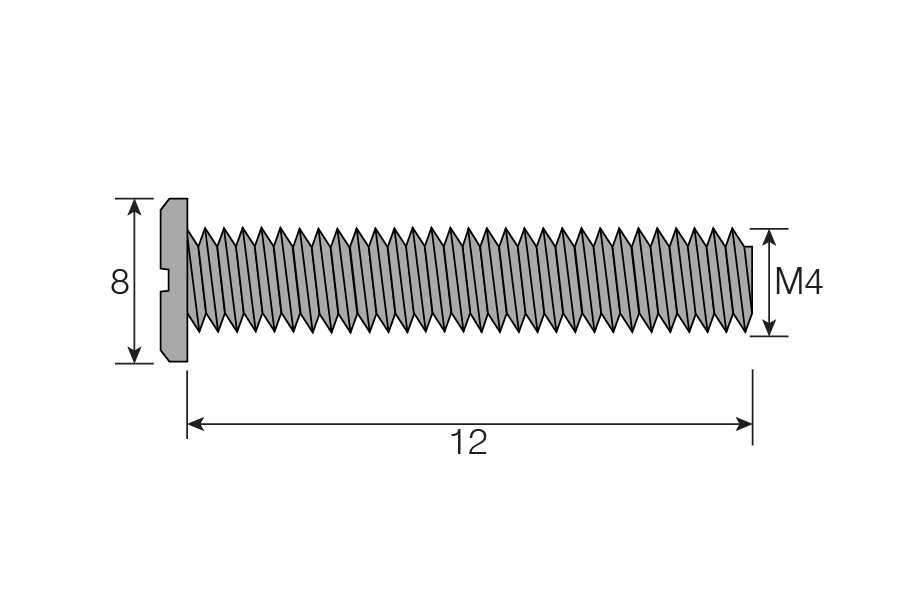 Technical drawing of M4X12 Brass Slotted Pan Head Machine Screw, 12mm length with dimensions and specifications