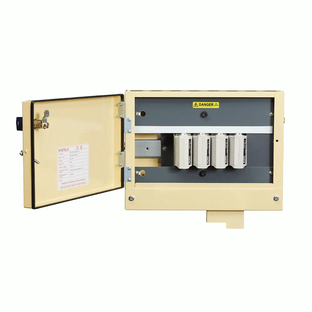 SHS1004/60 PME/SNE – Ryefield Service Head Distribution Board 100A Single Phase 4 Way SHS1004/60 PME/SNE Ryefield 100A Single Phase 4 Way Service Head Distribution Board - Compact, durable, DNO-approved electrical distribution panel for multi-dwelling properties.
