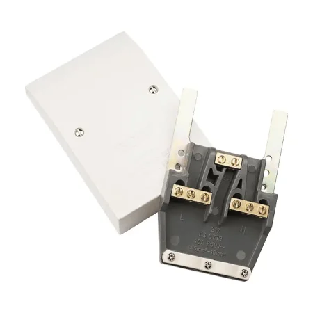 PRW217 – 45A Easyfit Dual Appliance Outlet Plate in bright polar white with square edge design, twin output cable restraints and antiviral & antibacterial certification – part of the modern Polar accessory range.